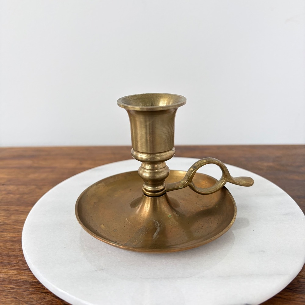 Vintage Solid Brass Chamberstick Candle Holder with Finger Loop Handle 3 inch